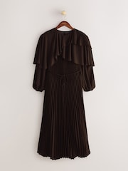 CERENE Jade Brown Long Sleeve Pleated Satin Midi Dress - Image 5 of 10