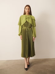 CERENE Jade Green Long Sleeve Pleated Satin Midi Dress - Image 1 of 13