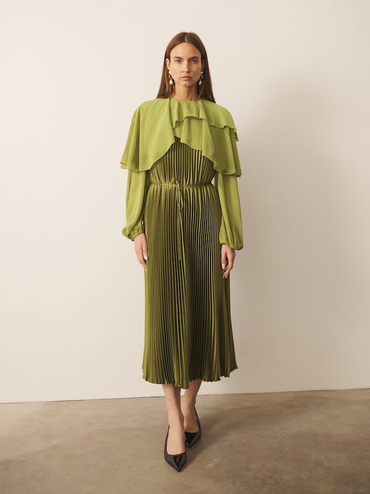 CERENE Jade Green Long Sleeve Pleated Satin Midi Dress - Image 1 of 13 CERENE Jade Green Long Sleeve Pleated Satin Midi Dress - Image 1 of 13