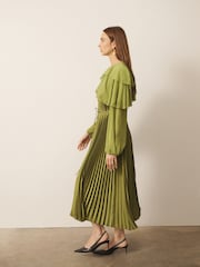 CERENE Jade Green Long Sleeve Pleated Satin Midi Dress - Image 2 of 13