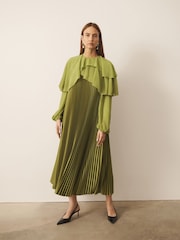 CERENE Jade Green Long Sleeve Pleated Satin Midi Dress - Image 3 of 13
