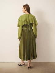 CERENE Jade Green Long Sleeve Pleated Satin Midi Dress - Image 4 of 13
