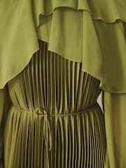 CERENE Jade Green Long Sleeve Pleated Satin Midi Dress - Image 5 of 13