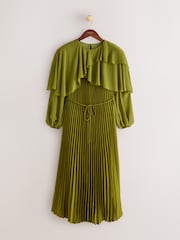 CERENE Jade Green Long Sleeve Pleated Satin Midi Dress - Image 6 of 13