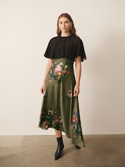 CERENE Crystal Green Majestic Floral Print Satin Slip Dress With Detachable Sheer Cape - Image 1 of 12