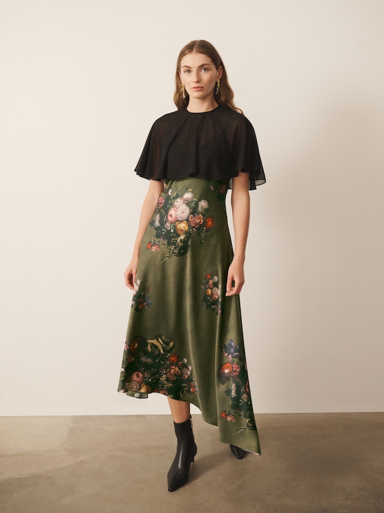 CERENE Crystal Green Majestic Floral Print Satin Slip Dress With Detachable Sheer Cape - Image 1 of 12