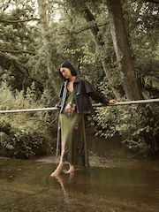 CERENE Crystal Green Majestic Floral Print Satin Slip Dress With Detachable Sheer Cape - Image 3 of 12