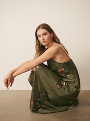 CERENE Crystal Green Majestic Floral Print Satin Slip Dress With Detachable Sheer Cape - Image 4 of 12
