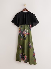 CERENE Crystal Green Majestic Floral Print Satin Slip Dress With Detachable Sheer Cape - Image 6 of 12