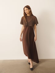 CERENE Crystal Brown Satin Slip Dress With Detachable Sheer Cape - Image 1 of 10