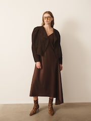 CERENE Crystal Brown Satin Slip Dress With Detachable Sheer Cape - Image 2 of 10