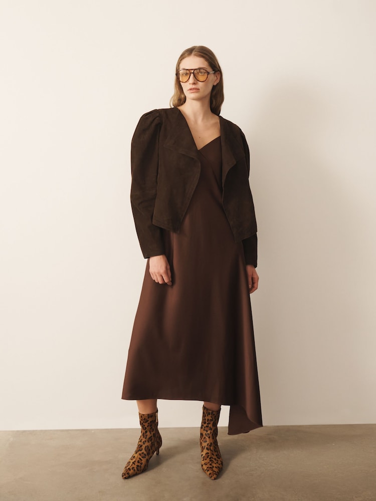 CERENE Crystal Brown Satin Slip Dress With Detachable Sheer Cape - Image 2 of 10 CERENE Crystal Brown Satin Slip Dress With Detachable Sheer Cape - Image 2 of 10