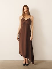 CERENE Crystal Brown Satin Slip Dress With Detachable Sheer Cape - Image 4 of 10