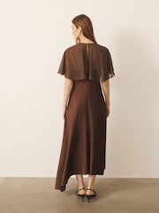 CERENE Crystal Brown Satin Slip Dress With Detachable Sheer Cape - Image 5 of 10
