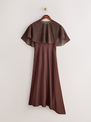 CERENE Crystal Brown Satin Slip Dress With Detachable Sheer Cape - Image 6 of 10