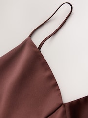 CERENE Crystal Brown Satin Slip Dress With Detachable Sheer Cape - Image 8 of 10