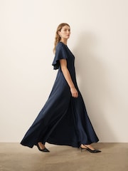 CERENE Caitlyn Navy Angel Sleeves Satin Maxi Dress - Image 1 of 10