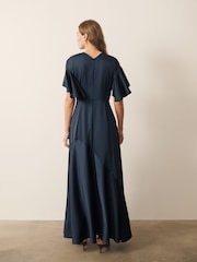 CERENE Caitlyn Navy Angel Sleeves Satin Maxi Dress - Image 2 of 10