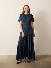 CERENE Caitlyn Navy Angel Sleeves Satin Maxi Dress - Image 3 of 10