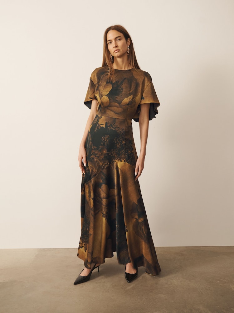 CERENE Caitlyn Gold Precious Floral Print Angel Sleeves Satin Maxi Dress - Image 1 of 10