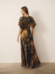 CERENE Caitlyn Gold Precious Floral Print Angel Sleeves Satin Maxi Dress - Image 2 of 10
