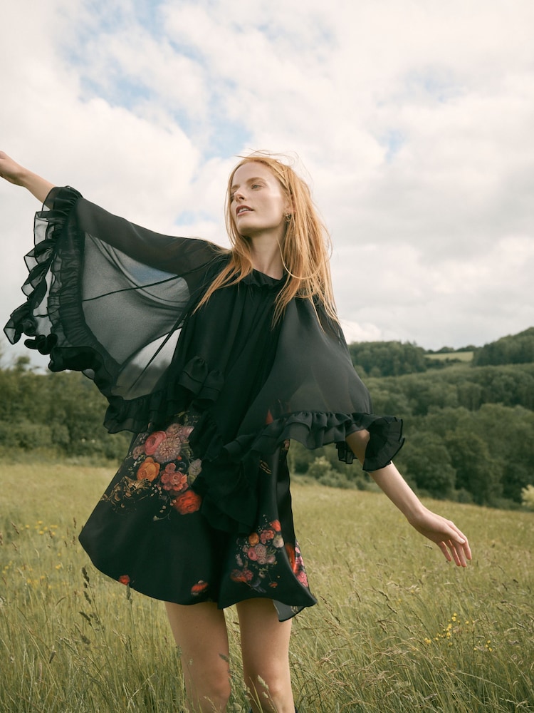 CERENE Matilda Black Majestic Floral Print Detachable Cape Mini Dress - Image 2 of 14 CERENE Matilda Black Majestic Floral Print Detachable Cape Mini Dress - Image 2 of 14