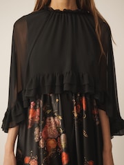 CERENE Matilda Black Majestic Floral Print Detachable Cape Mini Dress - Image 5 of 14
