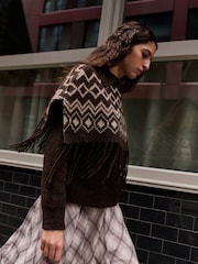 Chocolate Brown Fairisle Knitted Roll Neck Fringe Detail Mock Layer Jumper - Image 2 of 8