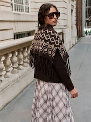 Chocolate Brown Fairisle Knitted Roll Neck Fringe Detail Mock Layer Jumper - Image 3 of 8