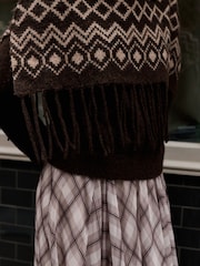 Chocolate Brown Fairisle Knitted Roll Neck Fringe Detail Mock Layer Jumper - Image 4 of 8