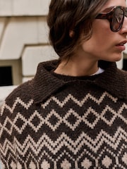 Chocolate Brown Fairisle Knitted Roll Neck Fringe Detail Mock Layer Jumper - Image 5 of 8