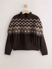 Chocolate Brown Fairisle Knitted Roll Neck Fringe Detail Mock Layer Jumper - Image 6 of 8