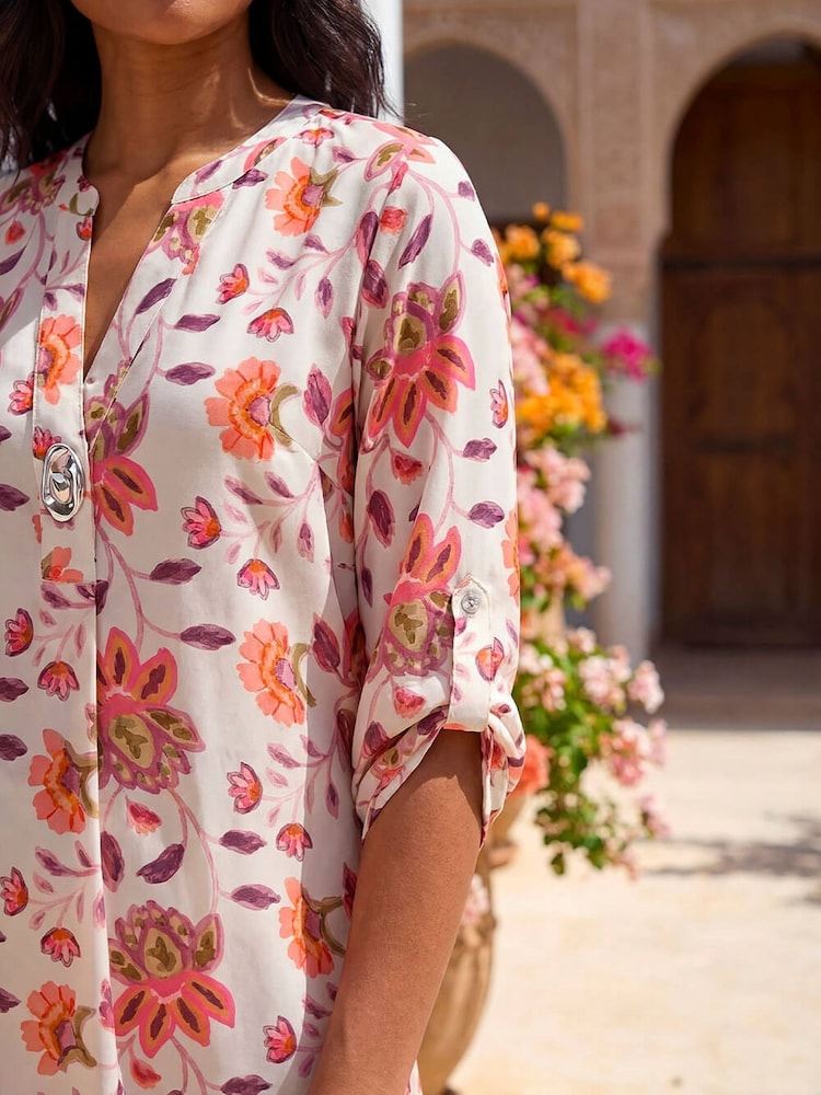 Roman Orange Floral Print Button V-Neck Tunic Top - Image 4 of 4 Roman Orange Floral Print Button V-Neck Tunic Top - Image 4 of 4
