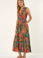 Roman Red Floral Shirred Maxi Dress - Image 2 of 5