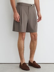 Reiss Taupe Brown Hadi Belted Pleated Shorts - Image 4 of 6