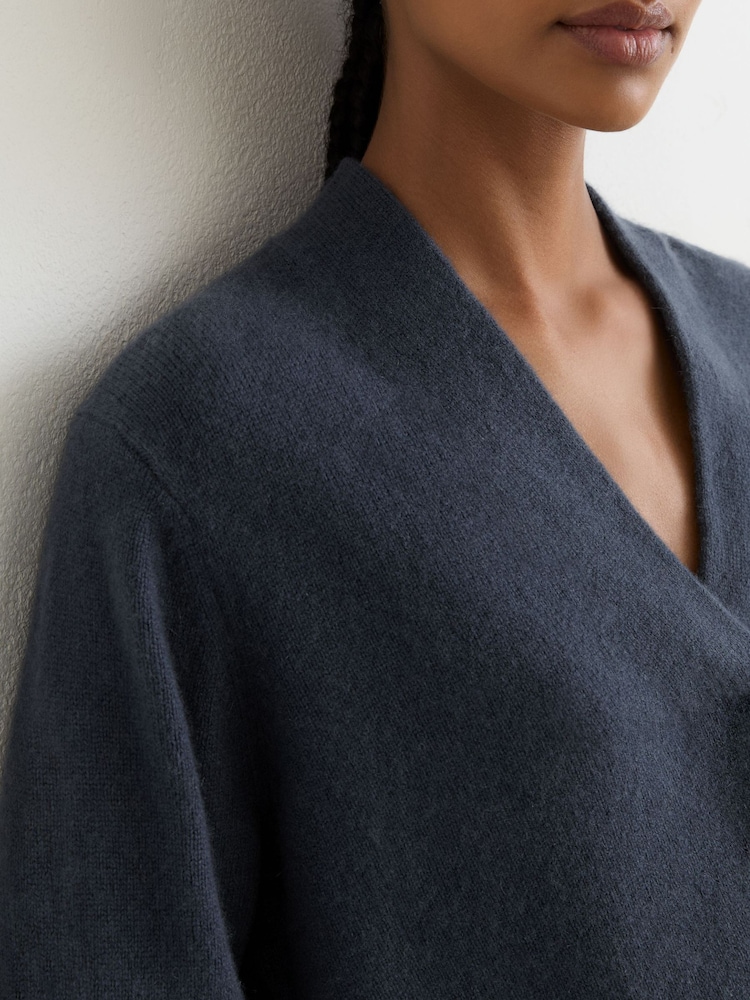 Reiss Slate Blue Blanche 100% Cashmere Shawl-Neck Jumper - Image 1 of 7 Reiss Slate Blue Blanche 100% Cashmere Shawl-Neck Jumper - Image 1 of 7