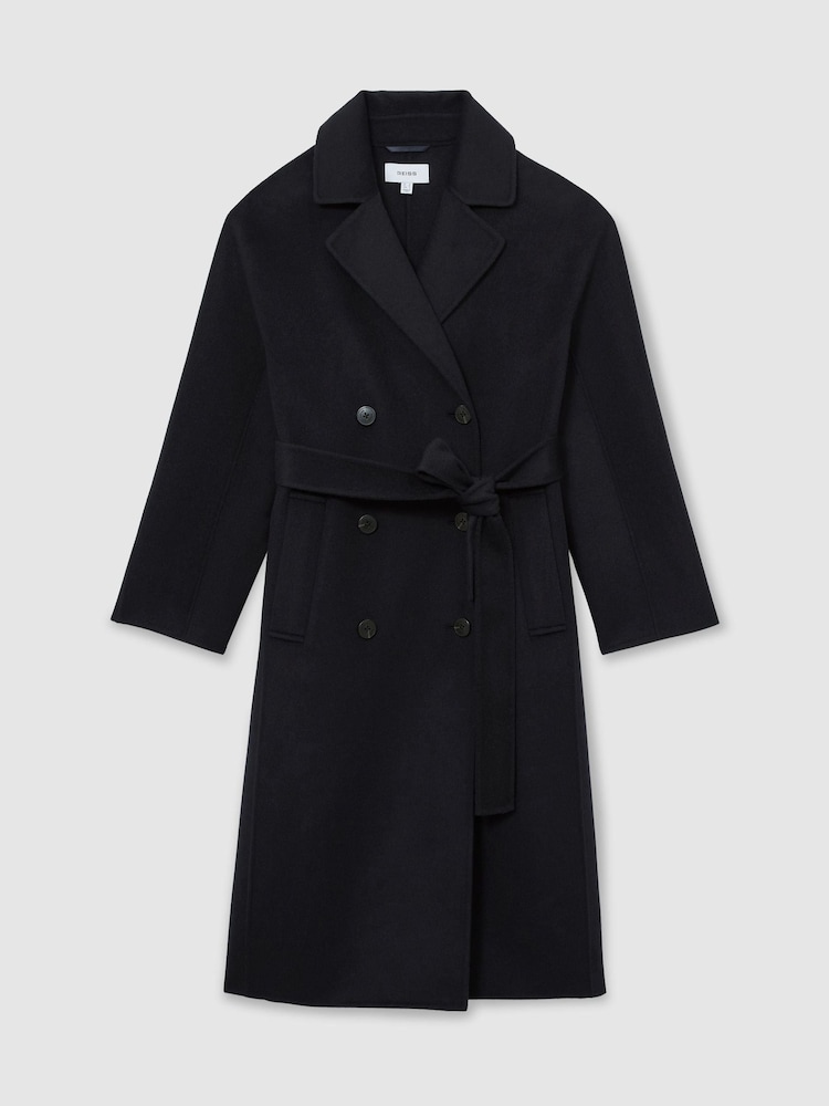 Reiss Navy Marina Petite Wool-Blend Blindseam Double-Breasted Coat - Image 2 of 9 Reiss Navy Marina Petite Wool-Blend Blindseam Double-Breasted Coat - Image 2 of 9