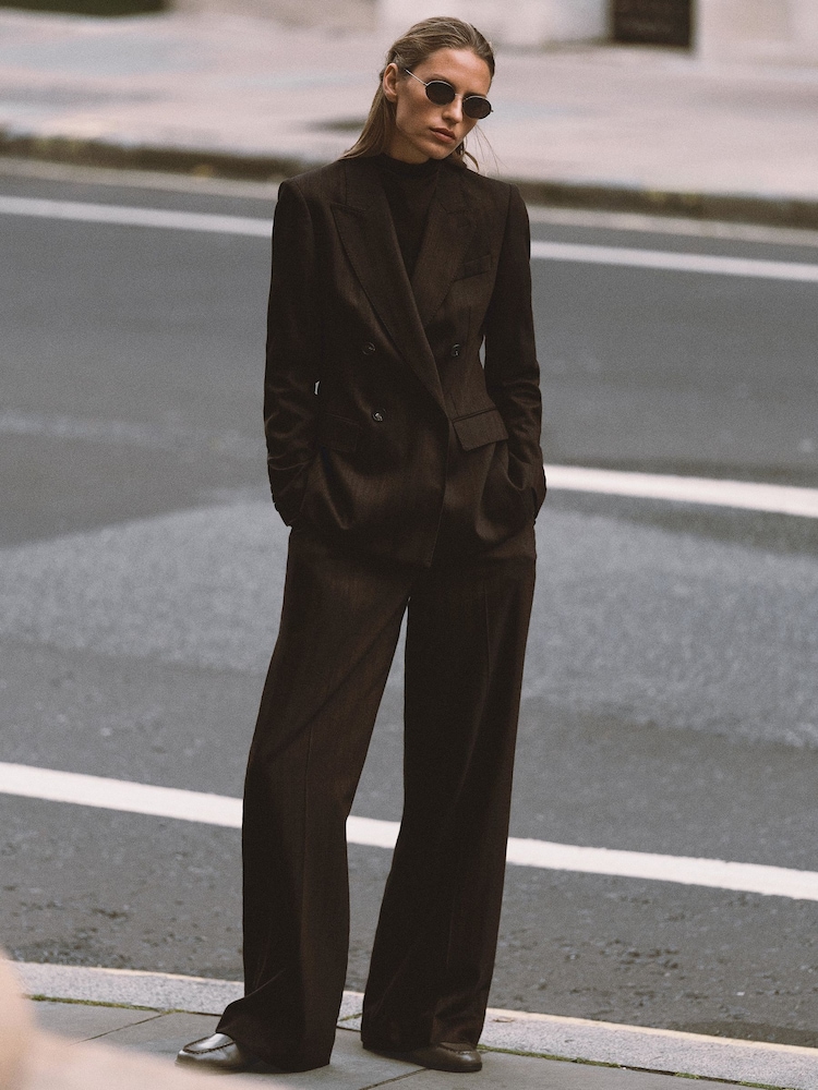 Reiss Chocolate Brown Dawson Wool-Blend Herringbone Wide-Leg Trousers - Image 1 of 10 Reiss Chocolate Brown Dawson Wool-Blend Herringbone Wide-Leg Trousers - Image 1 of 10