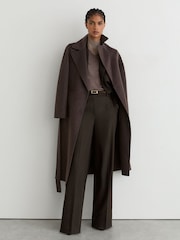 Reiss Chocolate Brown Dawson Wool-Blend Herringbone Wide-Leg Trousers - Image 3 of 10