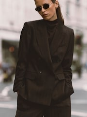 Reiss Chocolate Brown Dawson Wool-Blend Herringbone Wide-Leg Trousers - Image 4 of 10