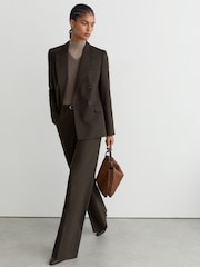 Reiss Chocolate Brown Dawson Wool-Blend Herringbone Wide-Leg Trousers - Image 7 of 10