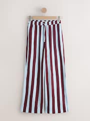 Blue/Burgundy Stripe Pull On Wide Leg Trousers With Linen - Image 4 of 4