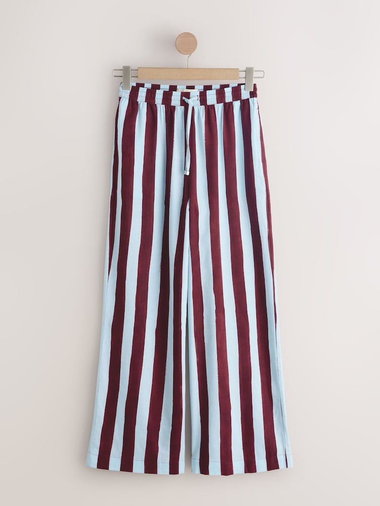 Blue/Burgundy Stripe Pull On Wide Leg Trousers With Linen - Image 4 of 4