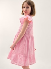 Monsoon Pink Flutter Sleeve Broderie Tiered Dress - Image 1 of 5