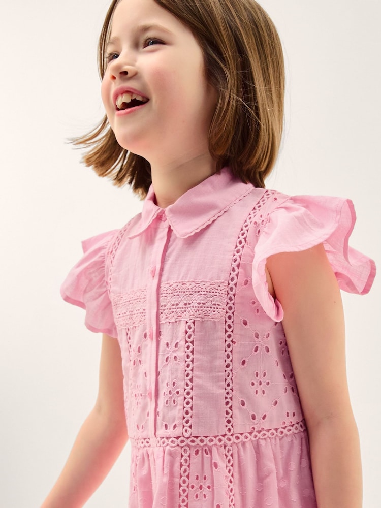 Monsoon Pink Flutter Sleeve Broderie Tiered Dress - Image 2 of 5