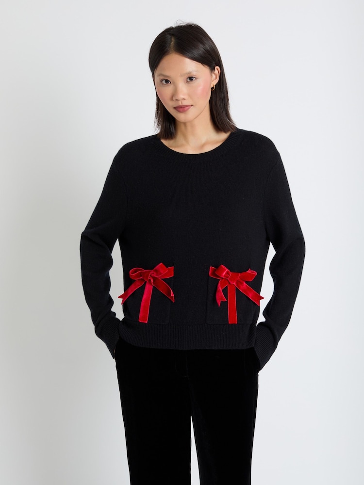 Chinti & Parker Merino Wool Velvet Bow Black Sweater - Image 1 of 4 Chinti & Parker Merino Wool Velvet Bow Black Sweater - Image 1 of 4