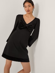 Monsoon Black Blair Velvet Bow Long Sleeve Mini Dress - Image 1 of 5