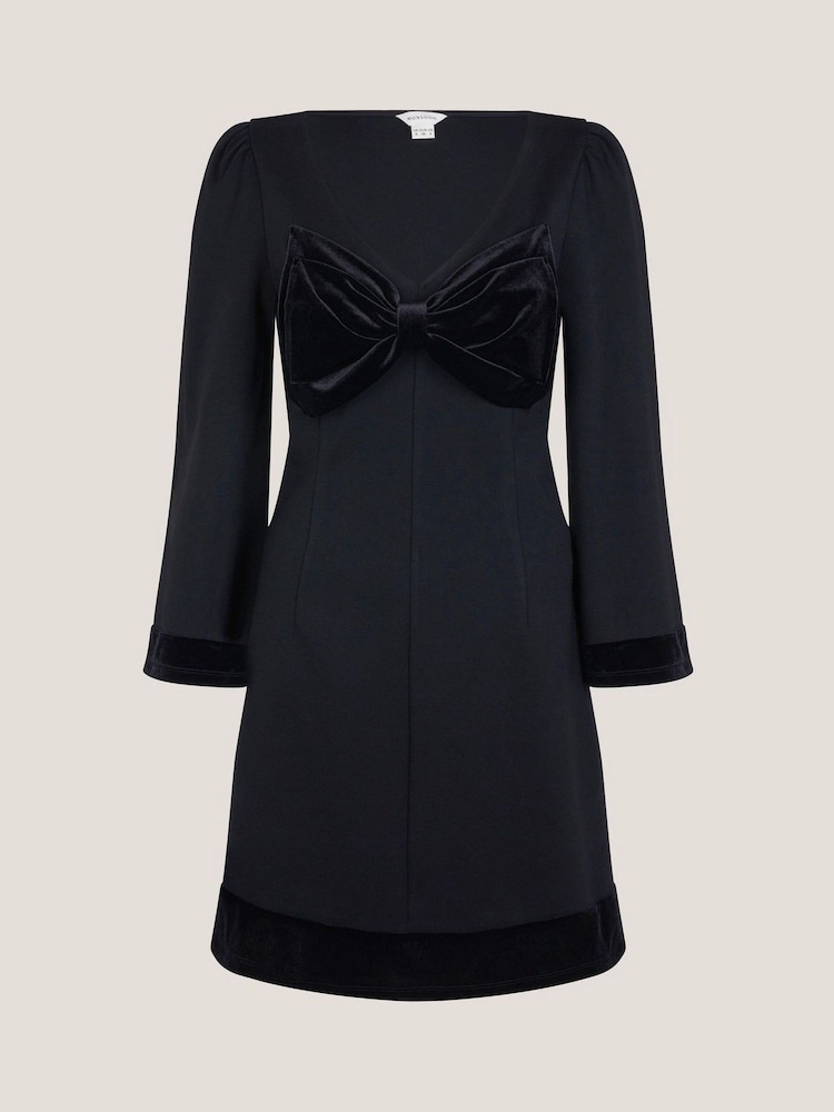 Monsoon Black Blair Velvet Bow Long Sleeve Mini Dress - Image 5 of 5