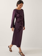 Monsoon Purple Callie Floral Satin Long Sleeve Midi Dress - Image 1 of 5