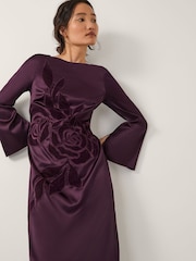 Monsoon Purple Callie Floral Satin Long Sleeve Midi Dress - Image 3 of 5